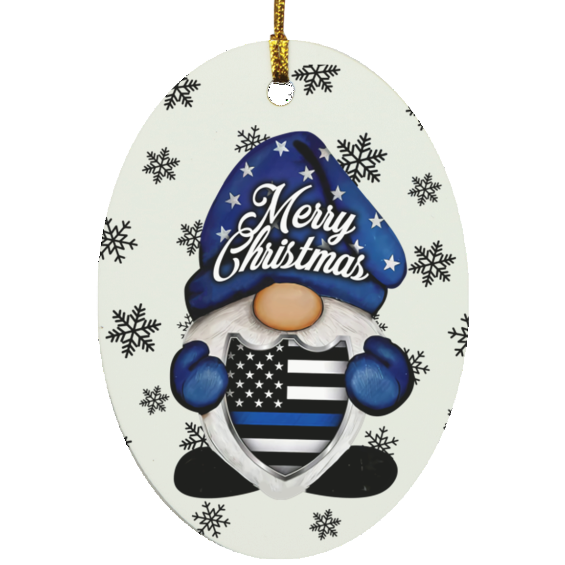 Gnome Thin Blue Line Merry Christmas Oval Ornament